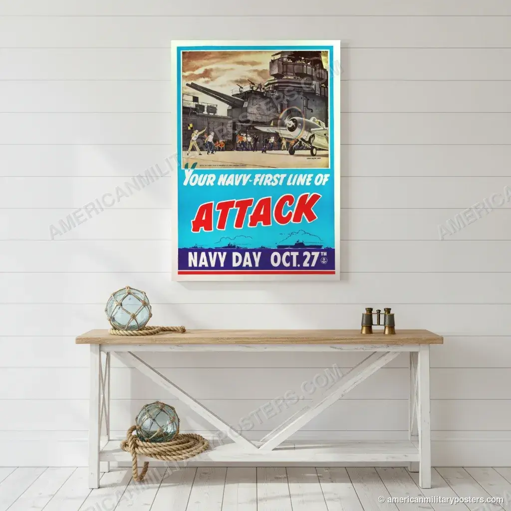Your Navy, First Line of Attack poster, unframed print on a white shiplap wall in a coastal hallway