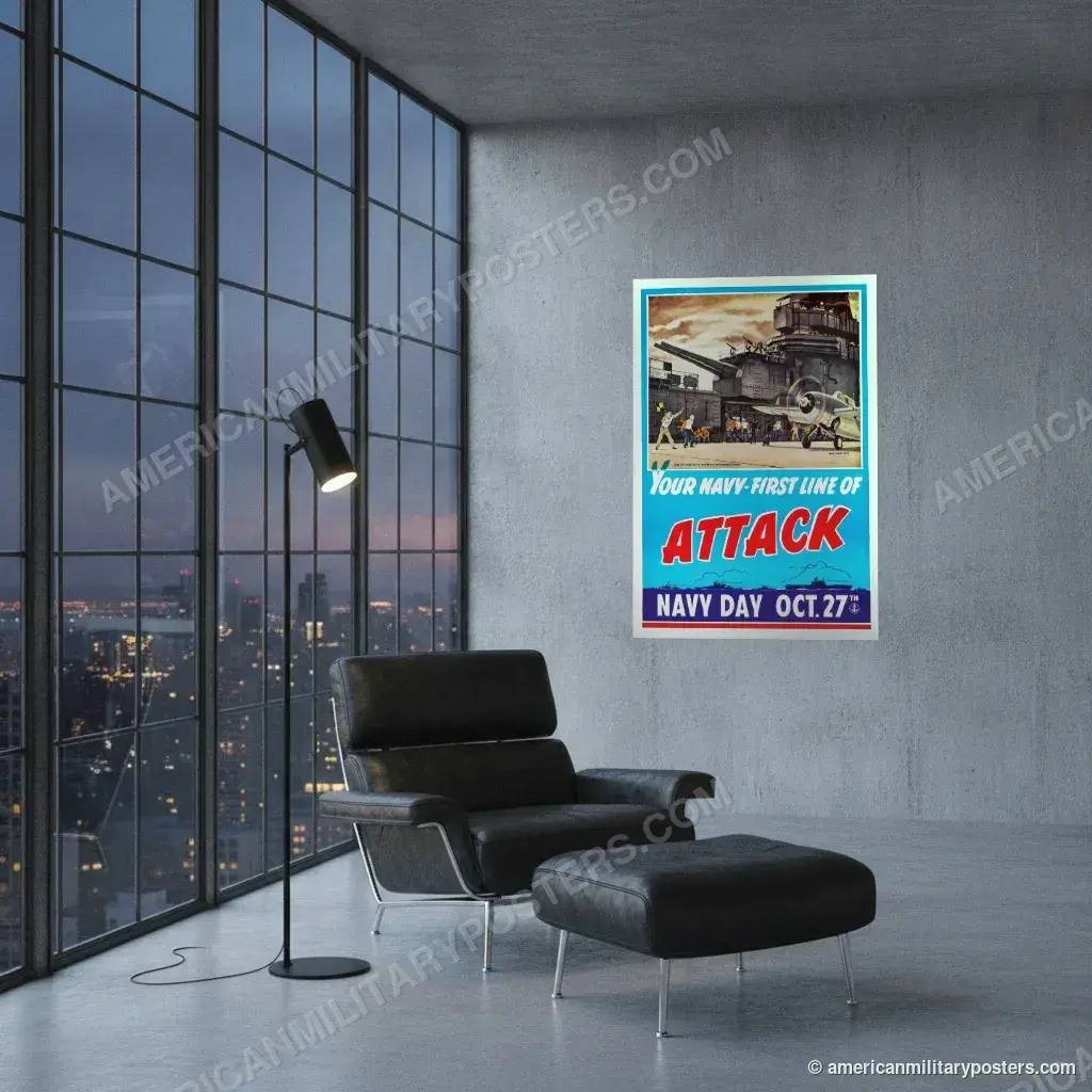 Your Navy, First Line of Attack poster, unframed print on a concrete wall in a city loft
