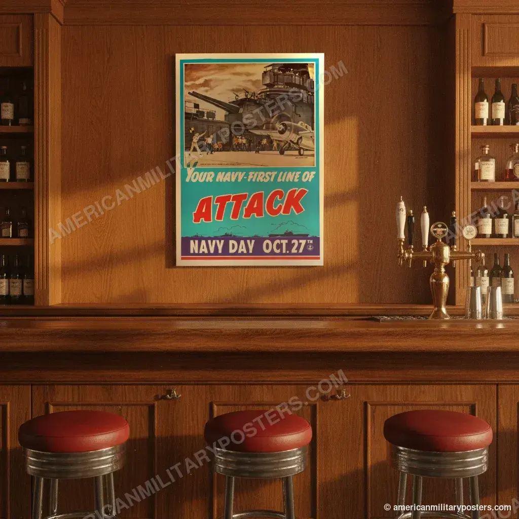 Your Navy, First Line of Attack poster, unframed print on the wall of a classic American bar
