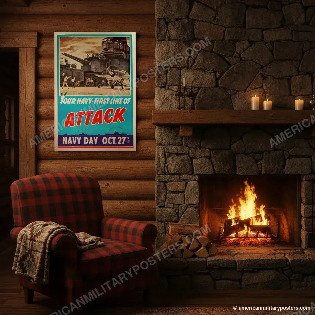 Your Navy, First Line of Attack poster, unframed print on a log cabin wall beside a fireplace