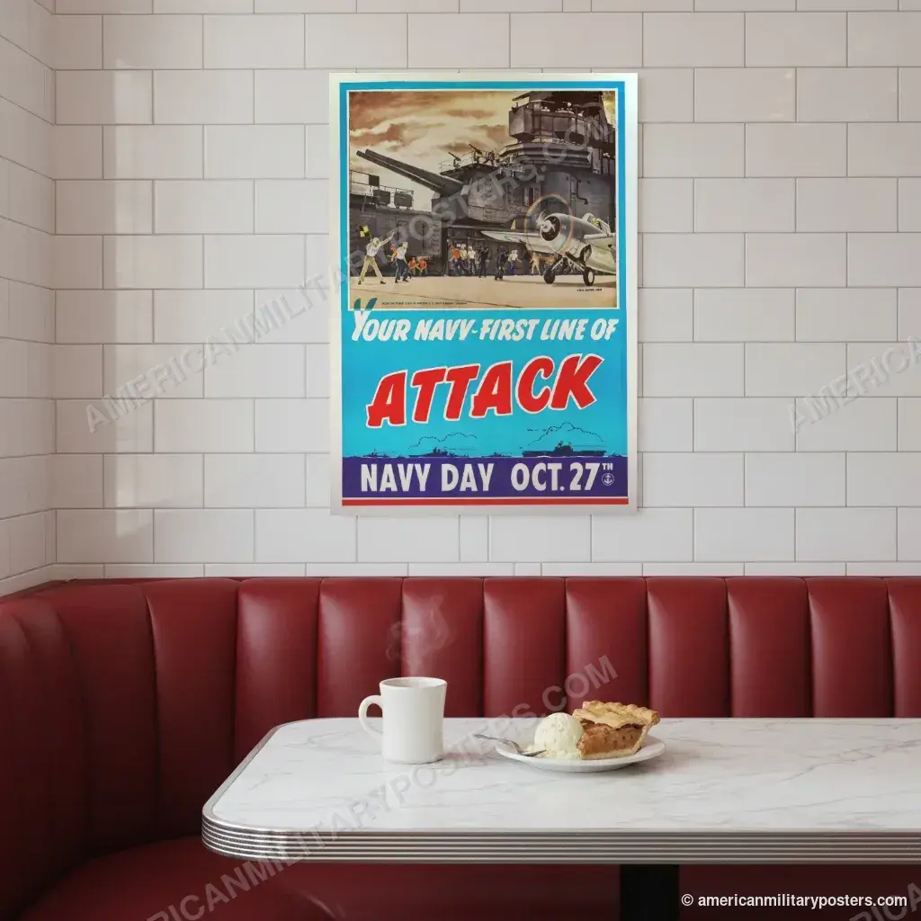 Your Navy, First Line of Attack poster, unframed print on a tiled wall above a retro diner booth
