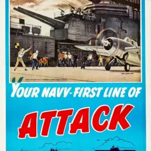 Your Navy, First Line of Attack, restored 1942 Navy Day poster by John Falter: deck crew launching a Wildcat fighter from the flight deck of a U.S. Navy aircraft carrier beside a heavy gun turret