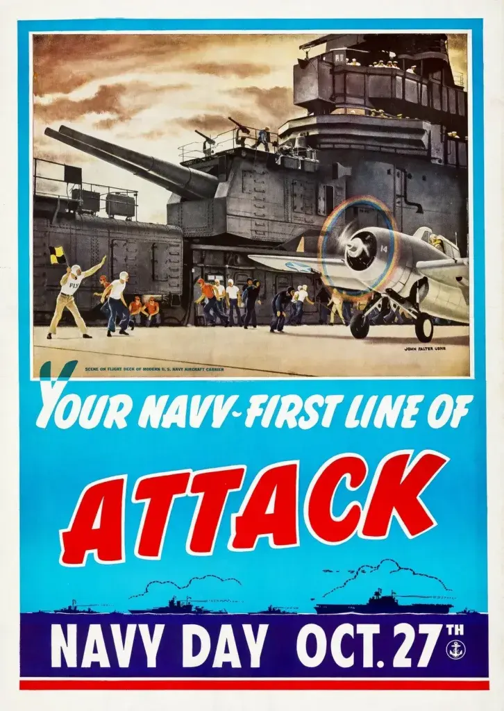 Your Navy, First Line of Attack, restored 1942 Navy Day poster by John Falter: deck crew launching a Wildcat fighter from the flight deck of a U.S. Navy aircraft carrier beside a heavy gun turret
