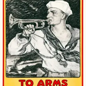 Enlist in the Navy, To Arms, restored 1917 WWI U.S. Navy recruiting poster by Milton Bancroft: a sailor sounding a bugle with a battleship steaming behind him