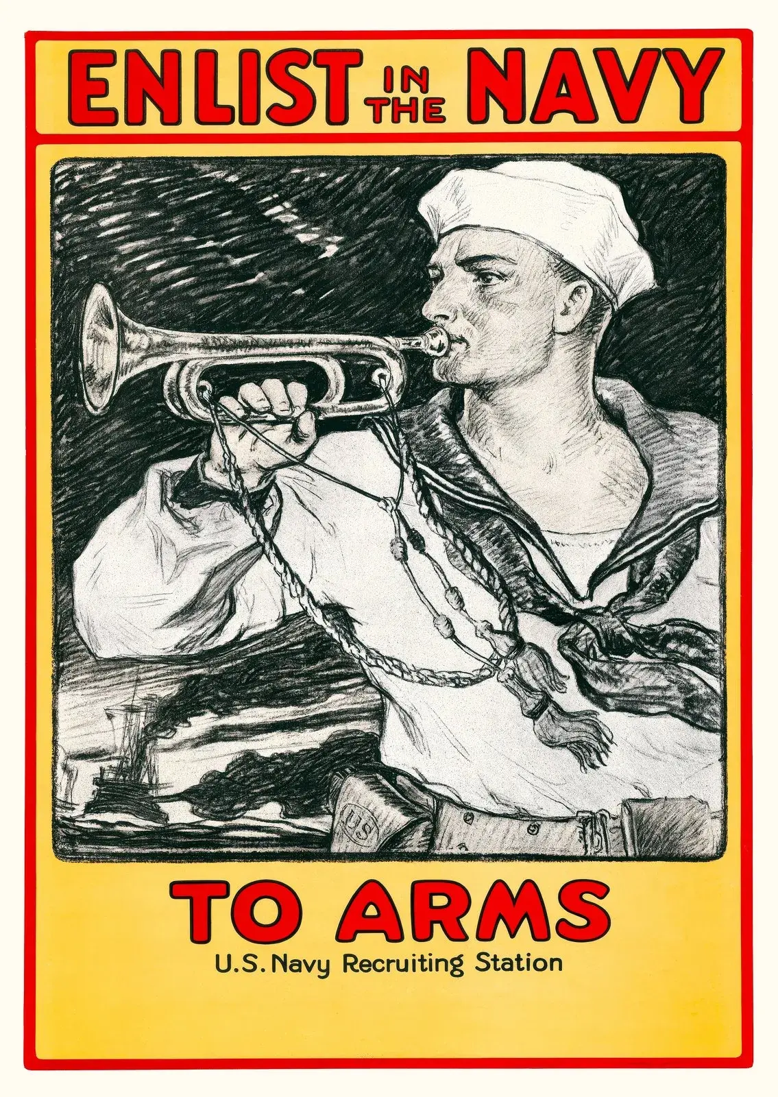 Enlist in the Navy, To Arms, restored 1917 WWI U.S. Navy recruiting poster by Milton Bancroft: a sailor sounding a bugle with a battleship steaming behind him