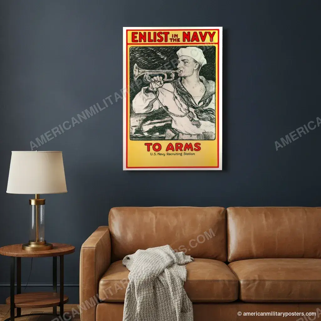 Enlist in the Navy, To Arms poster, unframed print on a navy living room wall above a leather sofa