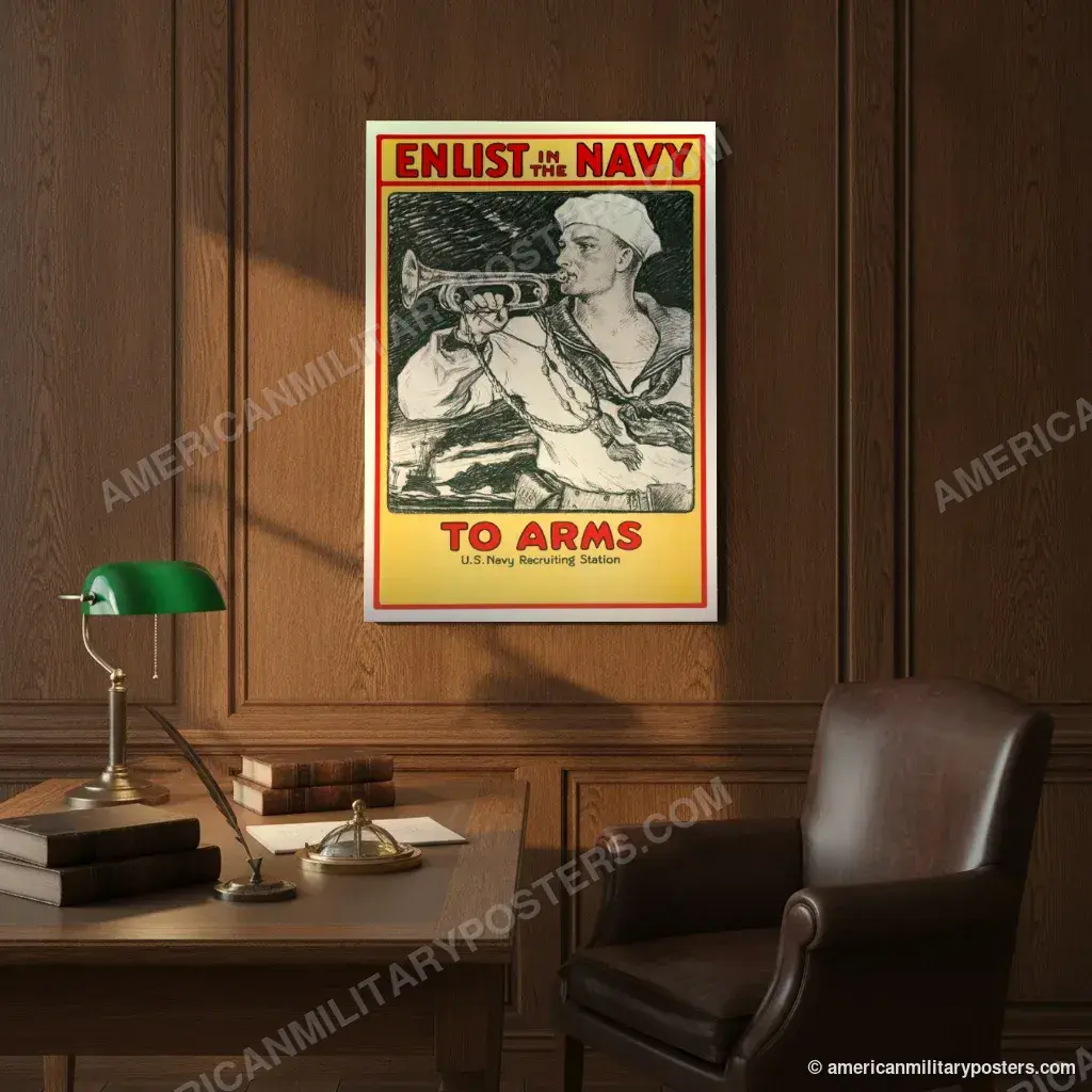 Enlist in the Navy, To Arms poster, unframed print on an oak-panelled study wall above a desk