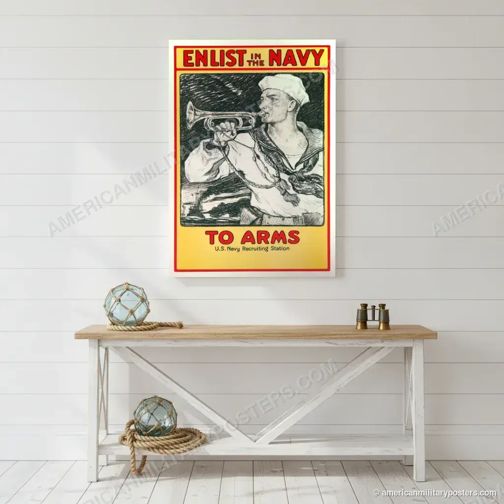 Enlist in the Navy, To Arms poster, unframed print on a white shiplap wall in a coastal hallway