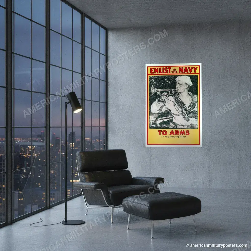 Enlist in the Navy, To Arms poster, unframed print on a concrete wall in a city loft