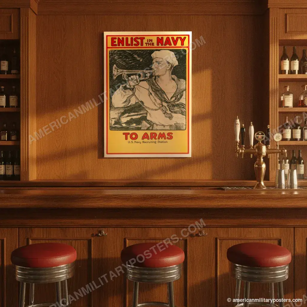 Enlist in the Navy, To Arms poster, unframed print on the wall of a classic American bar