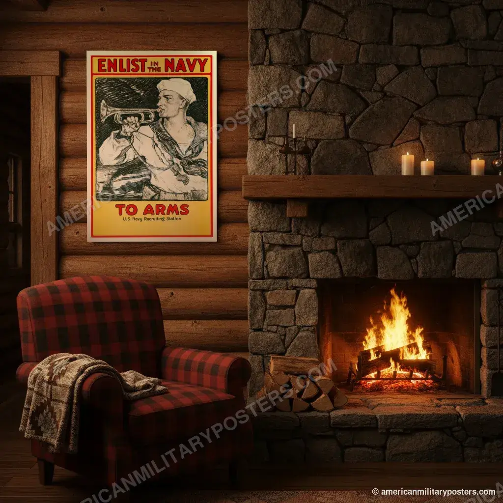 Enlist in the Navy, To Arms poster, unframed print on a log cabin wall beside a fireplace