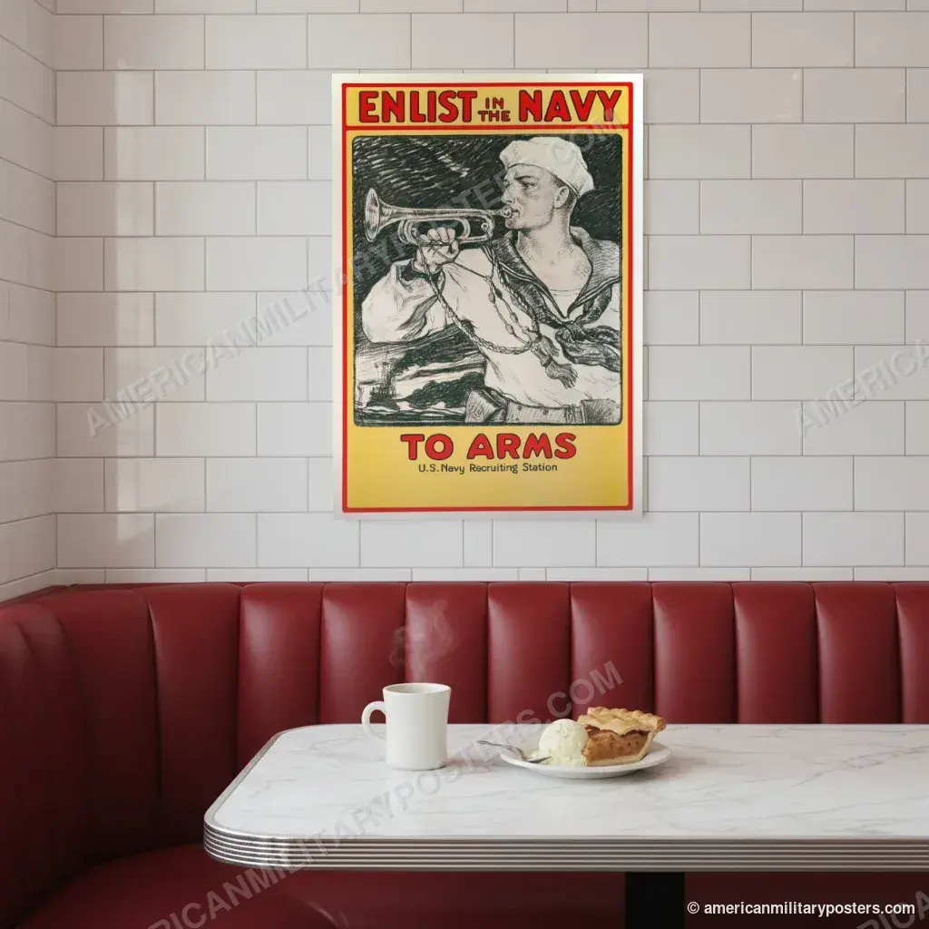 Enlist in the Navy, To Arms poster, unframed print on a tiled wall above a retro diner booth