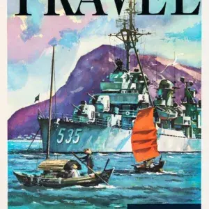 Travel Navy, restored Vietnam War era U.S. Navy recruiting poster by Lou Nolan: destroyer 535 anchored in an Asian harbour with a sampan and an orange-sailed junk