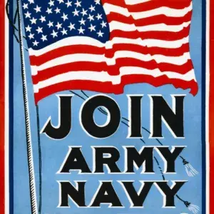 Join Army Navy Marines, restored c. 1917 WWI U.S. recruiting poster: a large 48-star American flag flying above bold black lettering on a light blue ground
