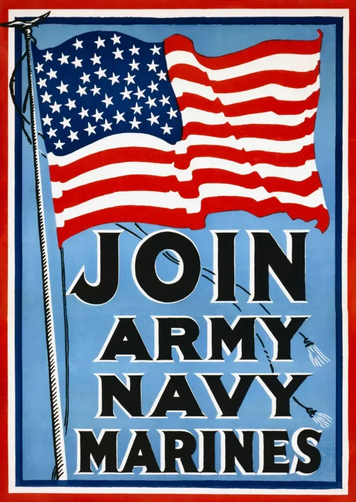 Join Army Navy Marines, restored c. 1917 WWI U.S. recruiting poster: a large 48-star American flag flying above bold black lettering on a light blue ground