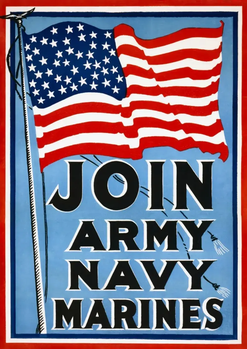 Join Army Navy Marines, restored c. 1917 WWI U.S. recruiting poster: a large 48-star American flag flying above bold black lettering on a light blue ground