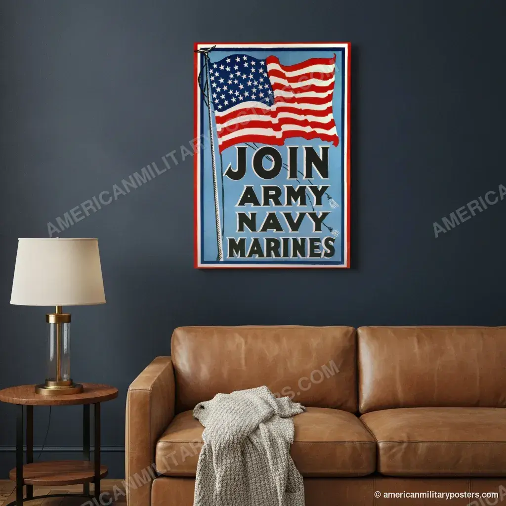 Join Army Navy Marines poster, unframed print on a navy living room wall above a leather sofa