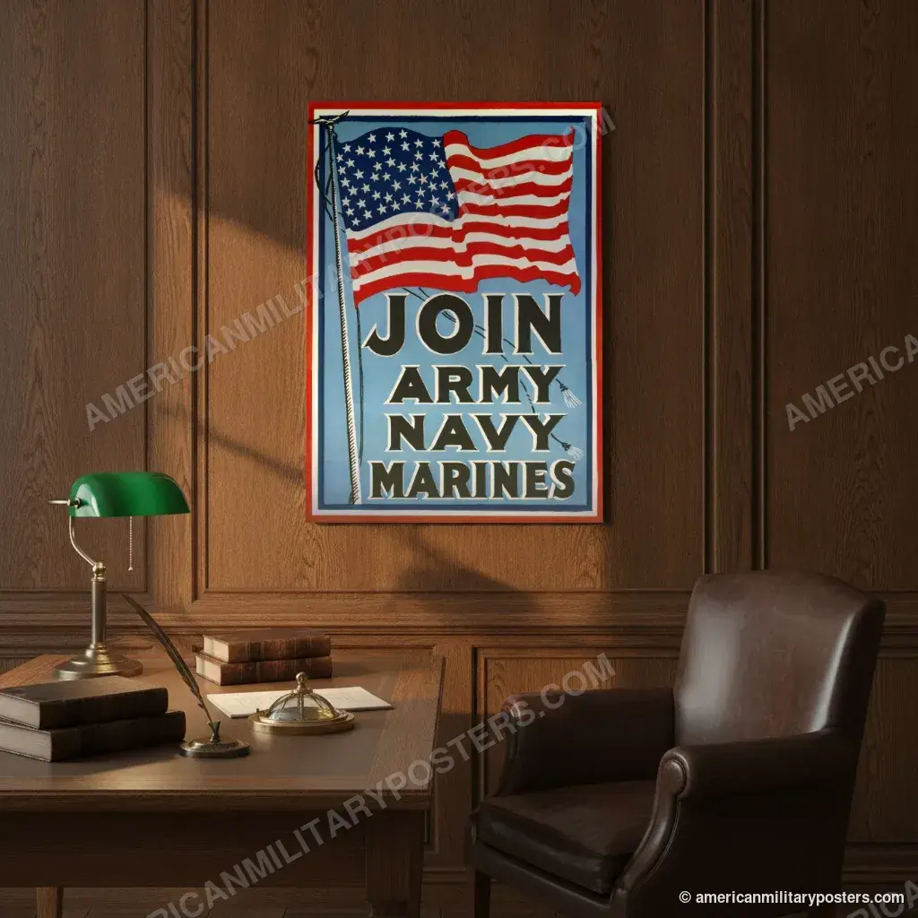 Join Army Navy Marines poster, unframed print on an oak-panelled study wall above a desk