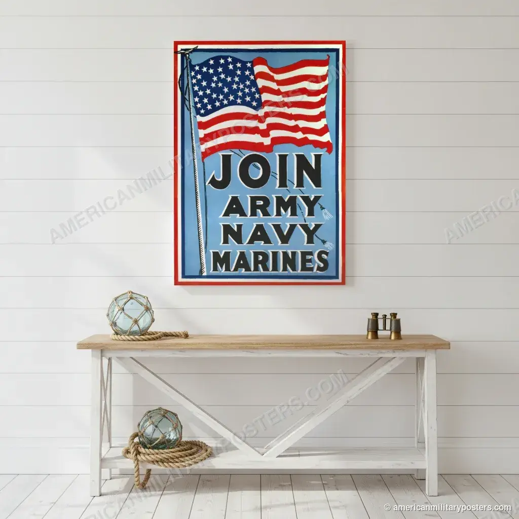 Join Army Navy Marines poster, unframed print on a white shiplap wall in a coastal hallway