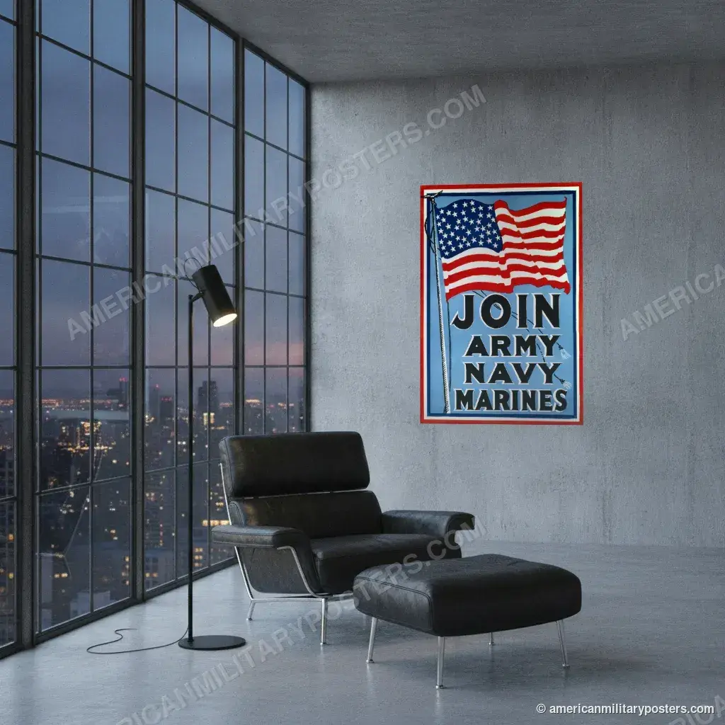 Join Army Navy Marines poster, unframed print on a concrete wall in a city loft