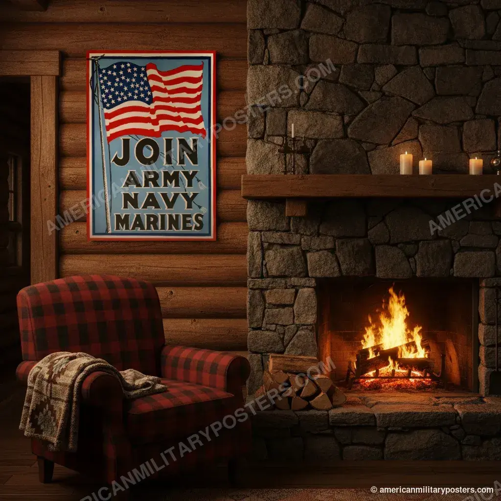 Join Army Navy Marines poster, unframed print on a log cabin wall beside a fireplace