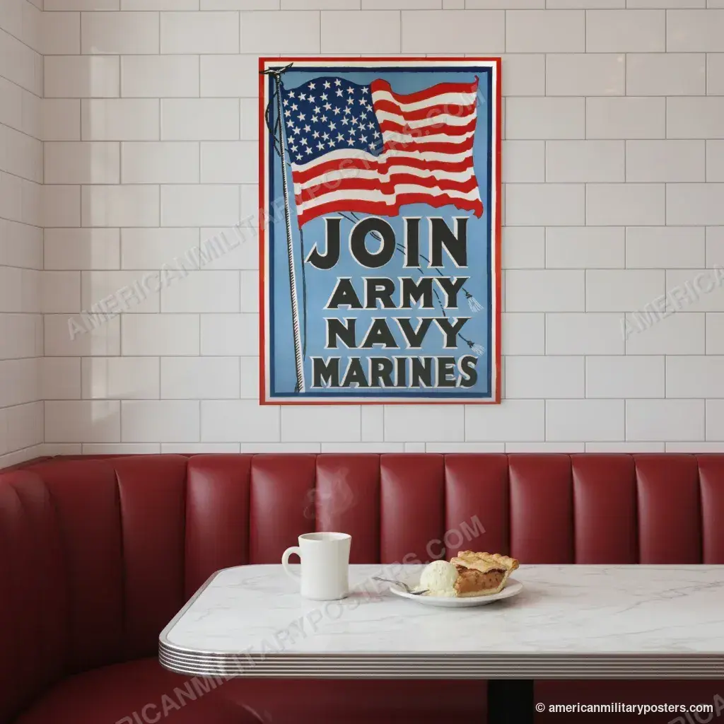 Join Army Navy Marines poster, unframed print on a tiled wall above a retro diner booth