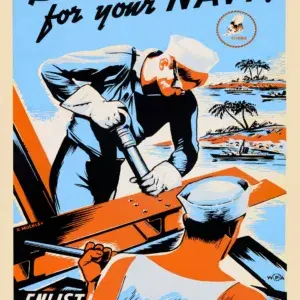 Build for Your Navy! restored c. 1942 WPA poster by Robert Muchley recruiting Seabees: two sailors working on a steel girder with palm islands and warships behind