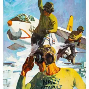 Go With the Bold Ones, restored 1966 U.S. Navy recruiting poster: a catapult crew signalling a jet fighter for launch on an aircraft carrier flight deck