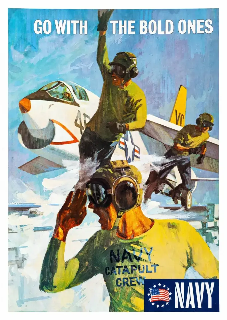 Go With the Bold Ones, restored 1966 U.S. Navy recruiting poster: a catapult crew signalling a jet fighter for launch on an aircraft carrier flight deck