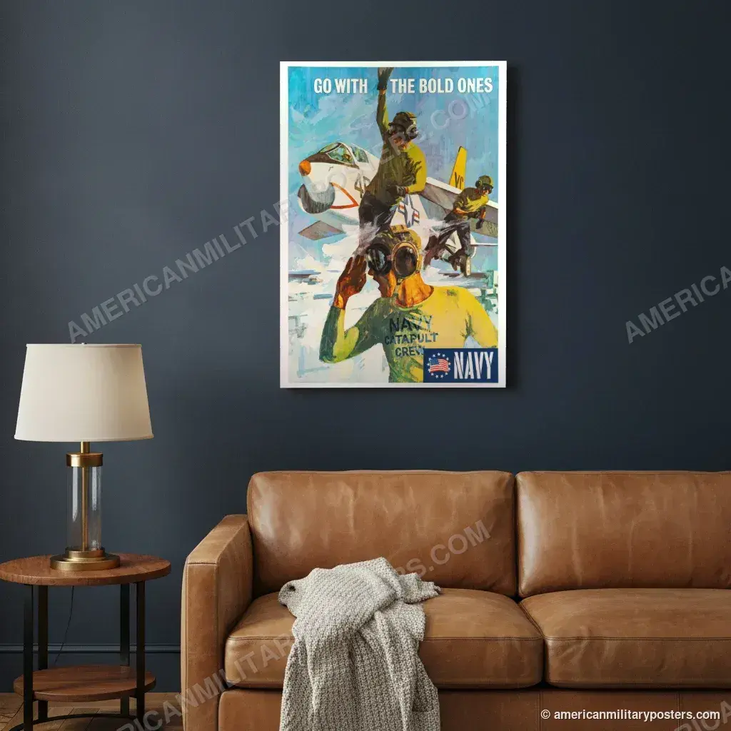 Go With the Bold Ones, Navy poster, unframed print on a navy living room wall above a leather sofa