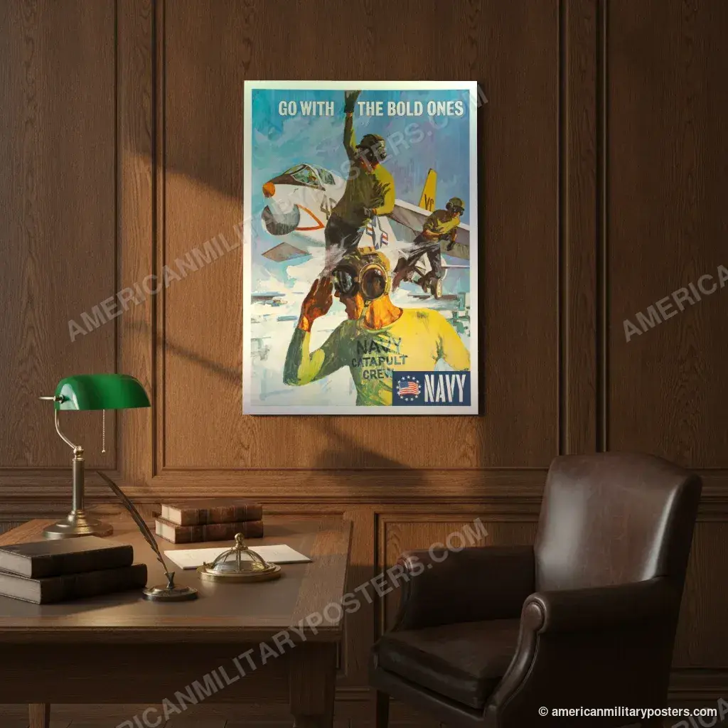 Go With the Bold Ones, Navy poster, unframed print on an oak-panelled study wall above a desk