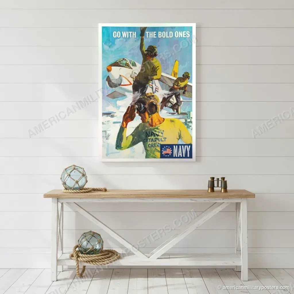 Go With the Bold Ones, Navy poster, unframed print on a white shiplap wall in a coastal hallway
