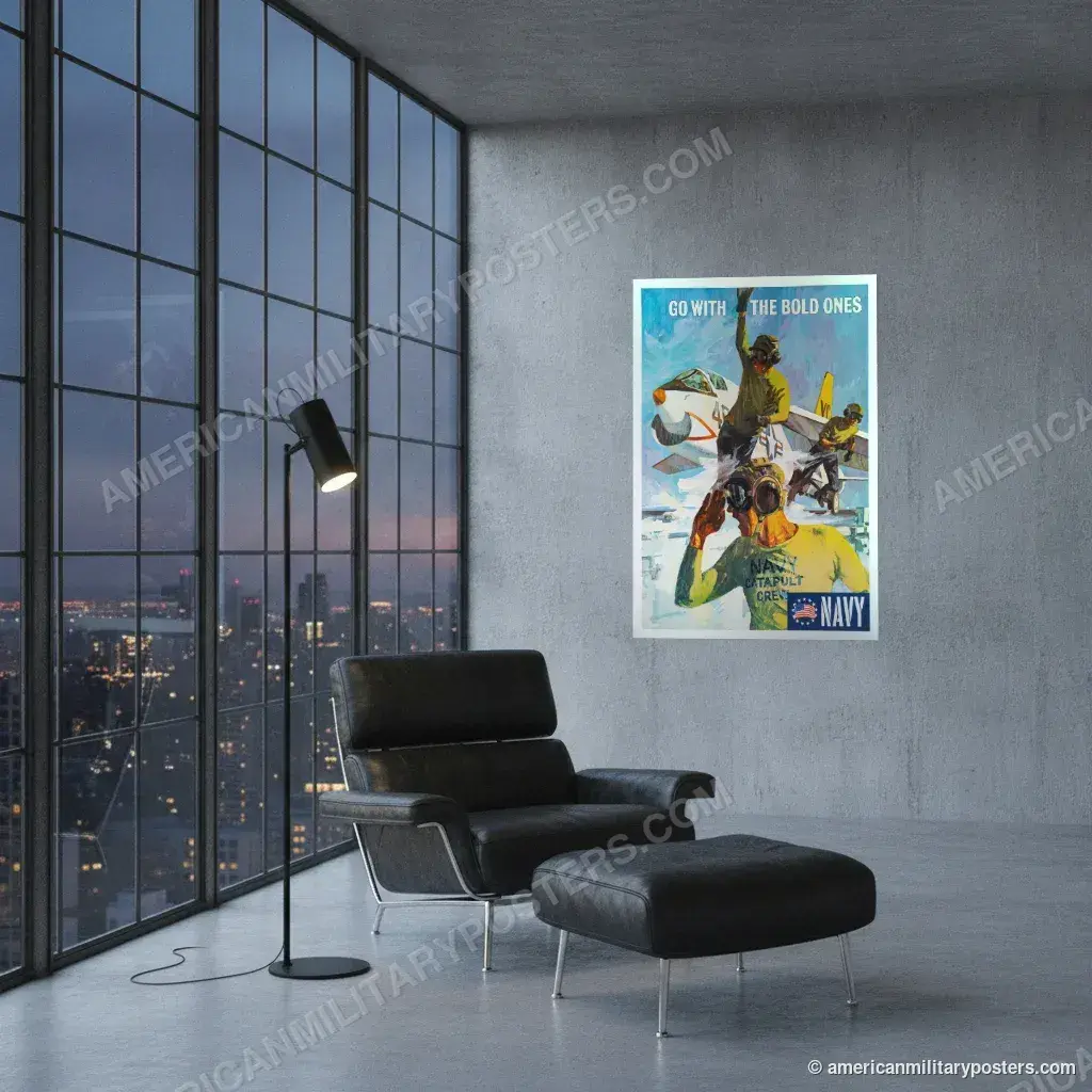 Go With the Bold Ones, Navy poster, unframed print on a concrete wall in a city loft