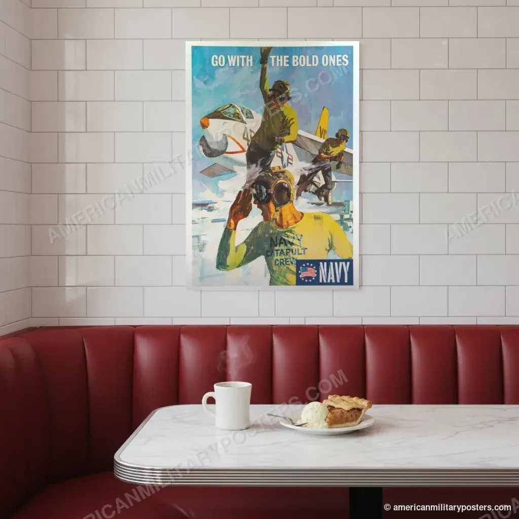 Go With the Bold Ones, Navy poster, unframed print on a tiled wall above a retro diner booth