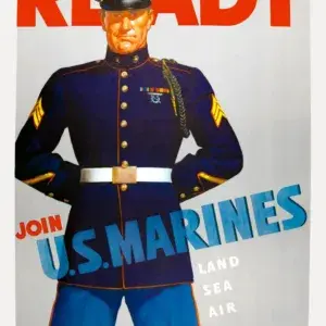 Ready, Join U.S. Marines, Land Sea Air, restored 1942 WWII recruiting poster by Haddon Sundblom: a Marine sergeant in dress blues standing with hands on hips