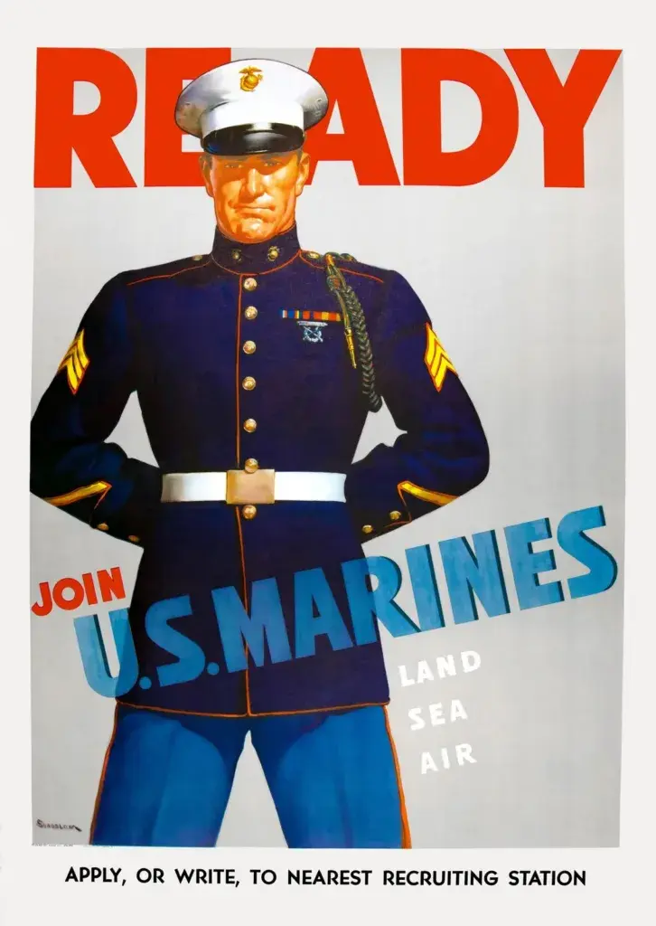Ready, Join U.S. Marines, Land Sea Air, restored 1942 WWII recruiting poster by Haddon Sundblom: a Marine sergeant in dress blues standing with hands on hips