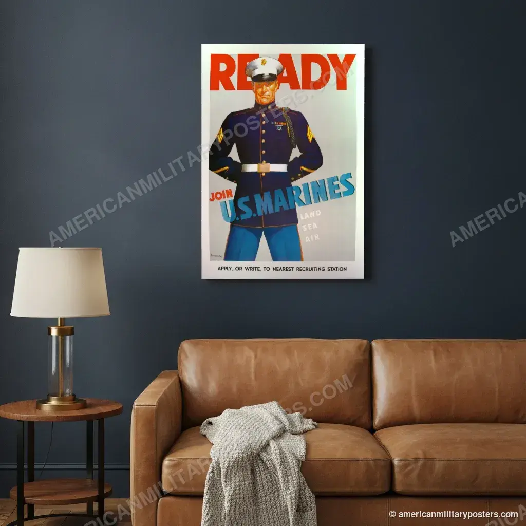 Ready, Join U.S. Marines poster, unframed print on a navy living room wall above a leather sofa