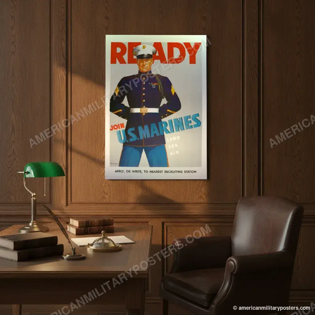 Ready, Join U.S. Marines poster, unframed print on an oak-panelled study wall above a desk
