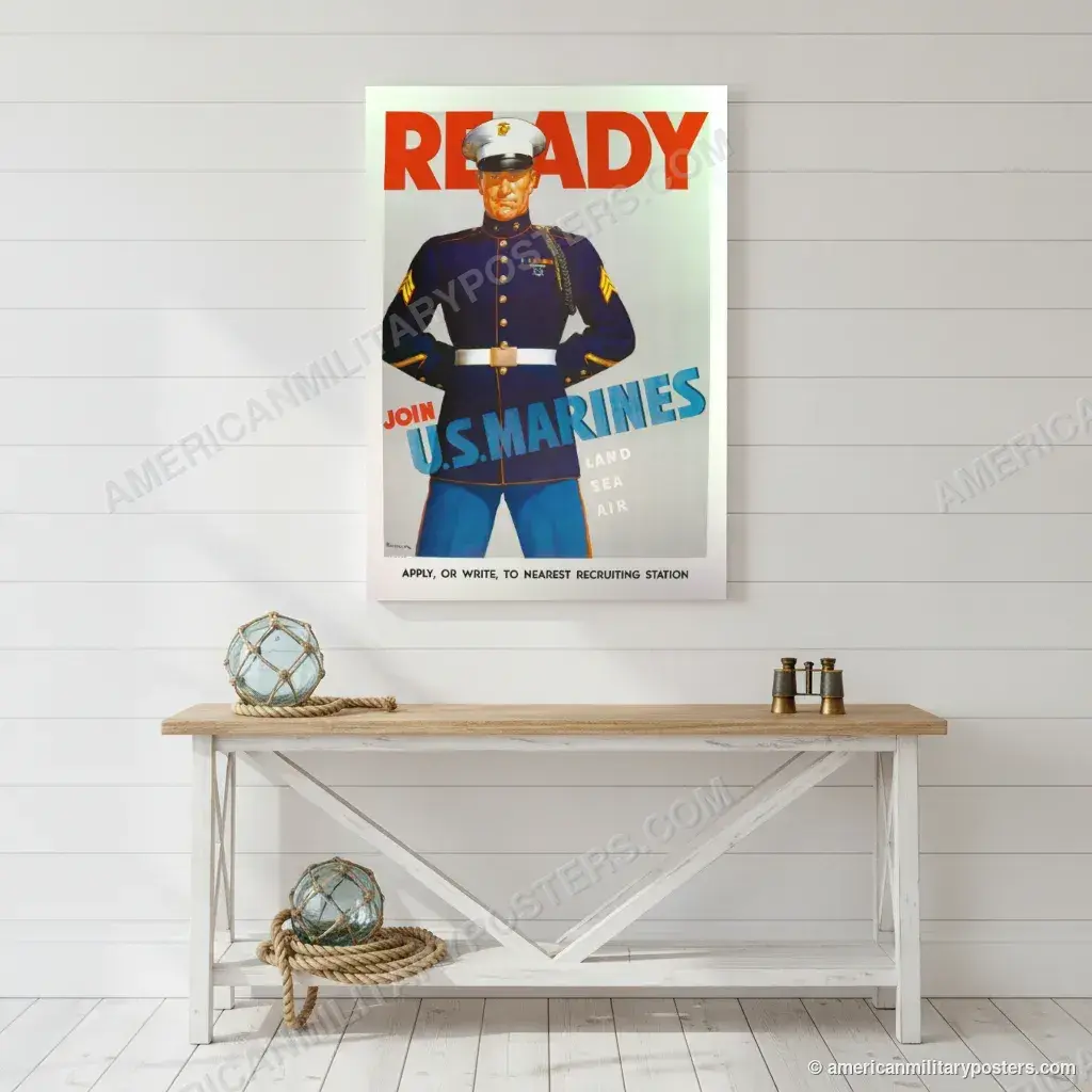 Ready, Join U.S. Marines poster, unframed print on a white shiplap wall in a coastal hallway