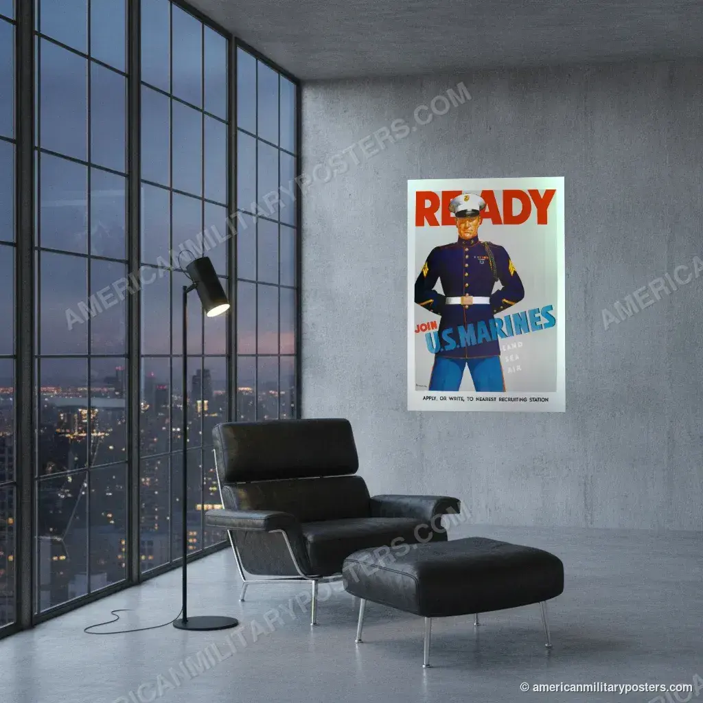 Ready, Join U.S. Marines poster, unframed print on a concrete wall in a city loft