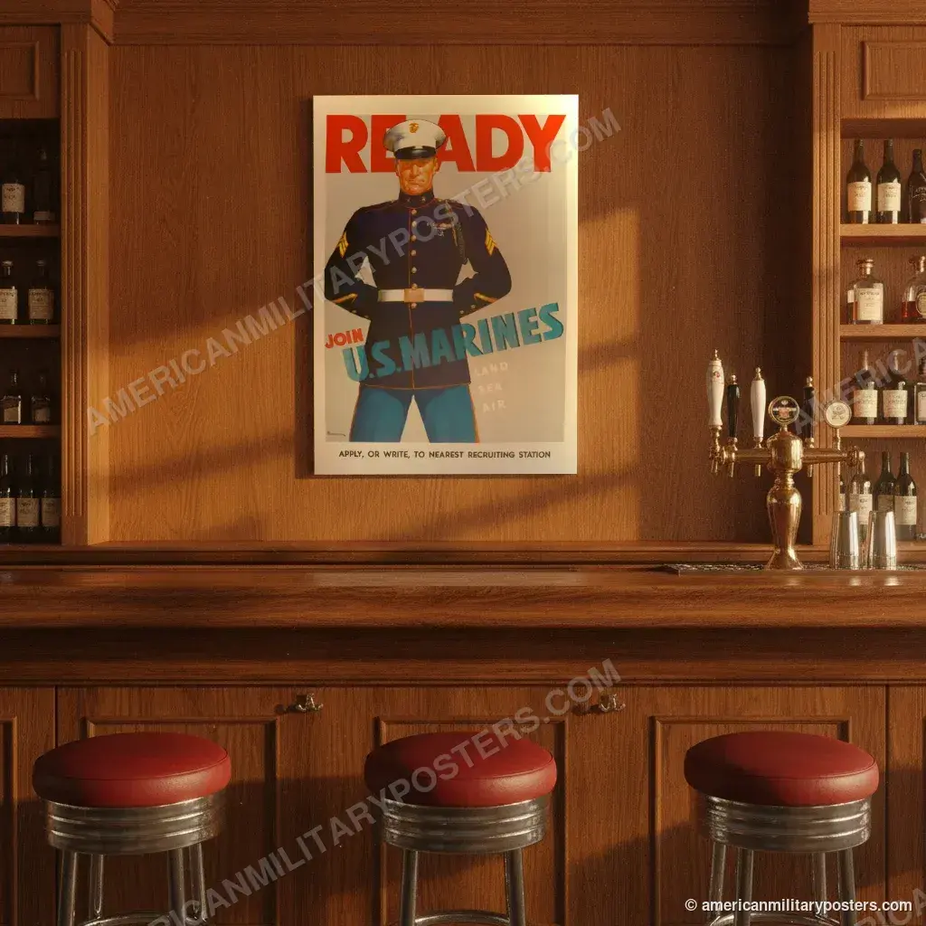 Ready, Join U.S. Marines poster, unframed print on the wall of a classic American bar
