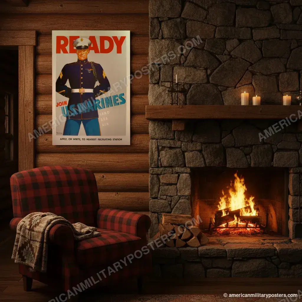 Ready, Join U.S. Marines poster, unframed print on a log cabin wall beside a fireplace