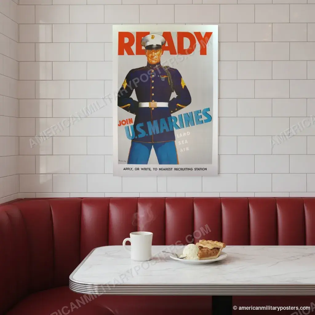 Ready, Join U.S. Marines poster, unframed print on a tiled wall above a retro diner booth