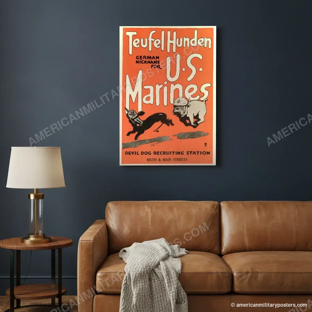 Teufel Hunden, German Nickname for U.S. Marines poster, unframed print on a navy living room wall above a leather sofa