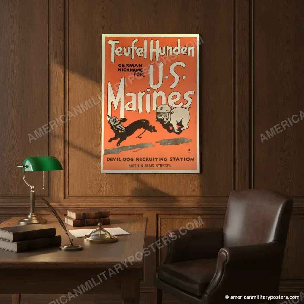 Teufel Hunden, German Nickname for U.S. Marines poster, unframed print on an oak-panelled study wall above a desk