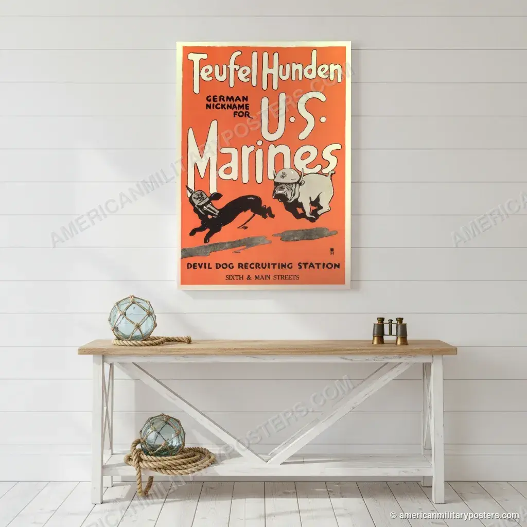 Teufel Hunden, German Nickname for U.S. Marines poster, unframed print on a white shiplap wall in a coastal hallway