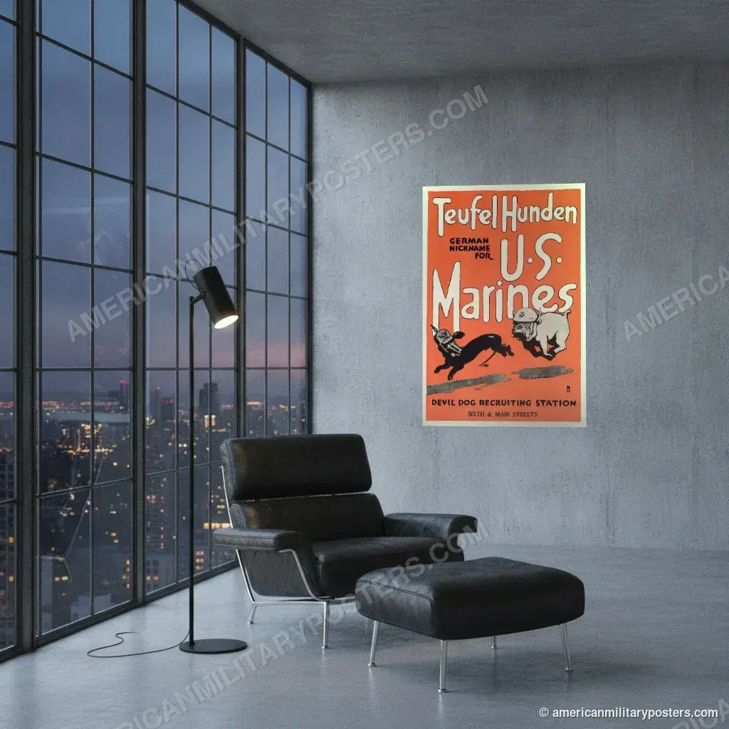 Teufel Hunden, German Nickname for U.S. Marines poster, unframed print on a concrete wall in a city loft