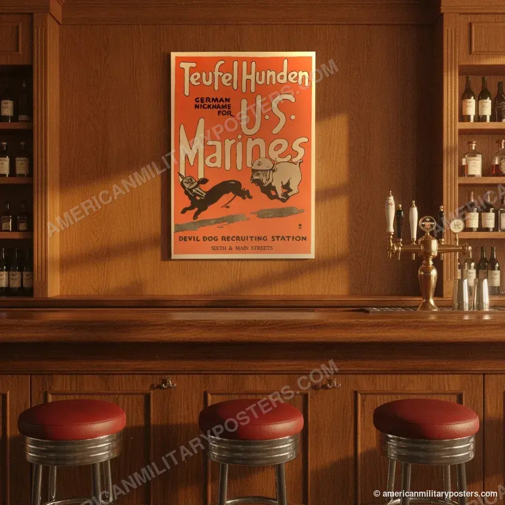 Teufel Hunden, German Nickname for U.S. Marines poster, unframed print on the wall of a classic American bar