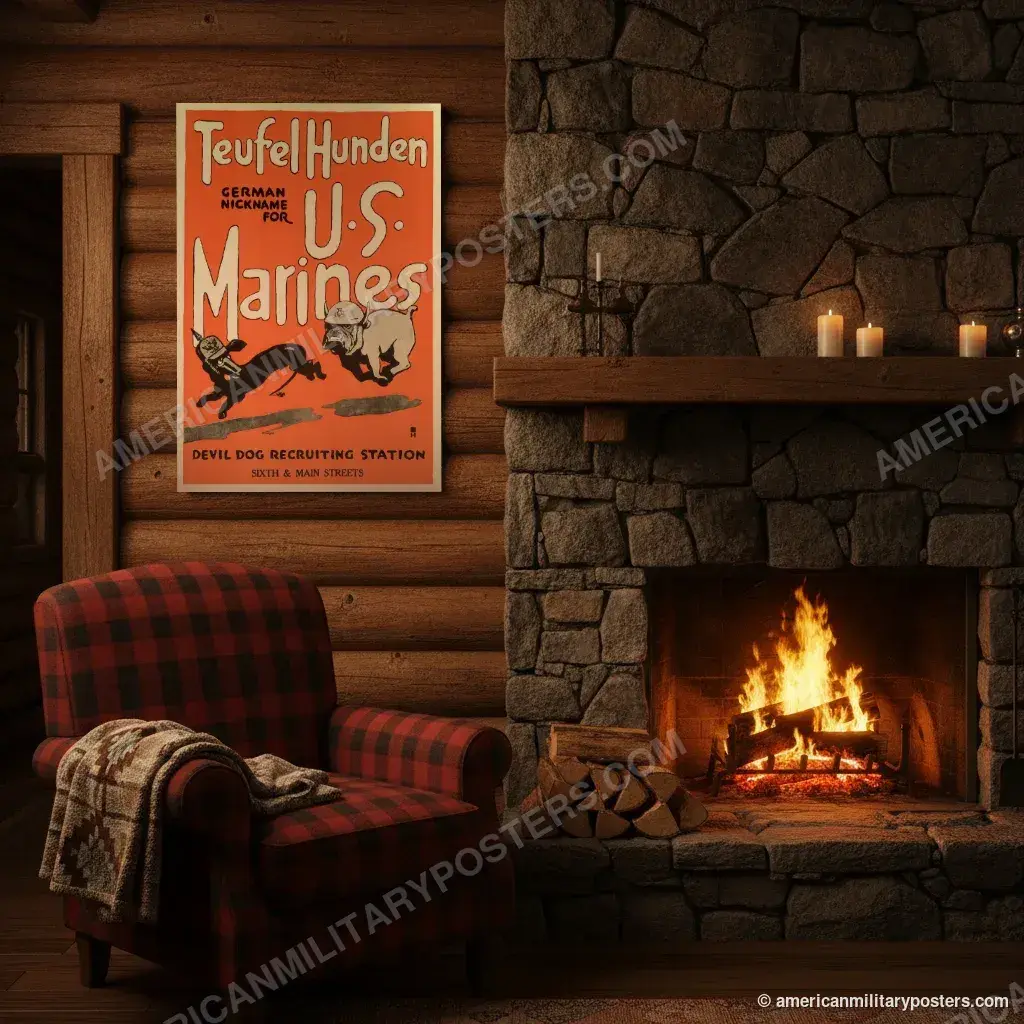 Teufel Hunden, German Nickname for U.S. Marines poster, unframed print on a log cabin wall beside a fireplace