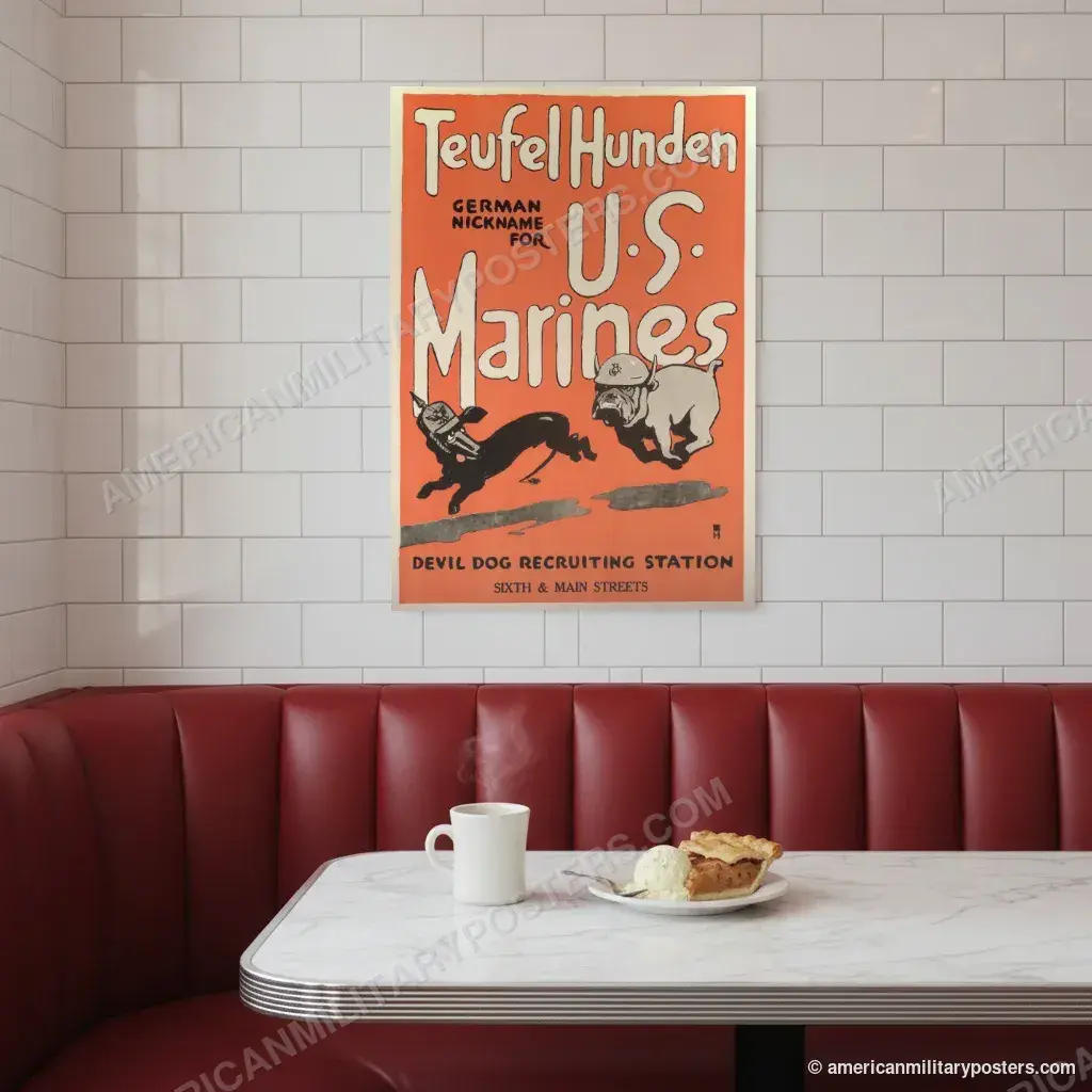 Teufel Hunden, German Nickname for U.S. Marines poster, unframed print on a tiled wall above a retro diner booth